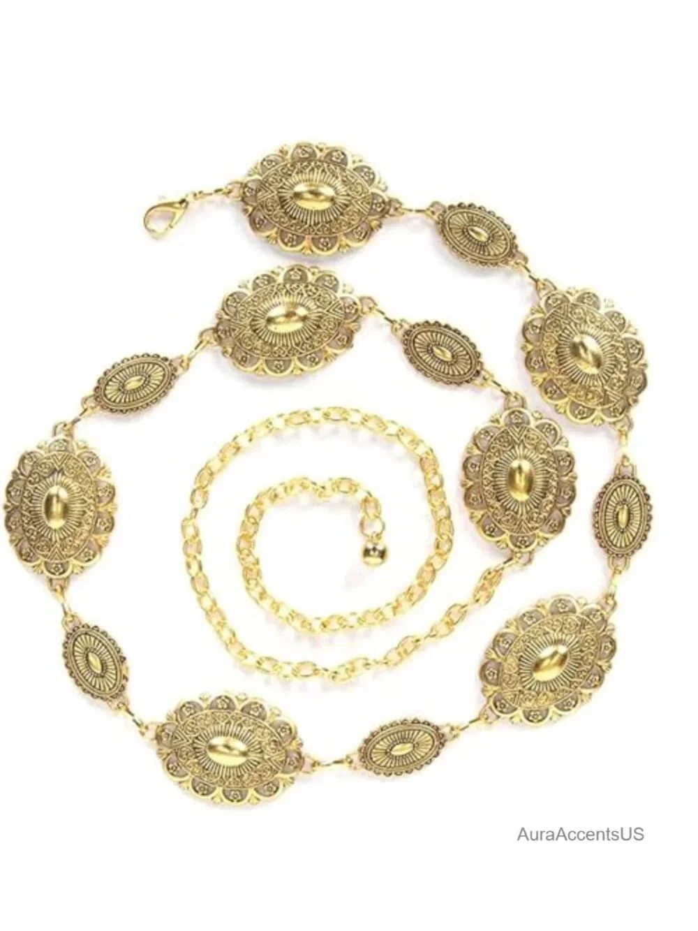 Western Concho Metal Oval Disc Waist Chain Adjustable Cowgirl Belt for Dresses